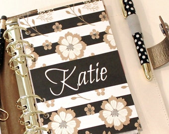 Personalized Planner Dashboard, A5 Planner Binder Dashboard Black Stripe / Gold Flowers, Planner, Personal Size Dashboard, Divider Pages