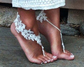 IVORY Lace Barefoot Sandals, LAUREN, Cream Lacy Footwear, Stretch Elastic Slip On Flip Flops for Bare Feet, Outdoor Wedding, Romantic Style