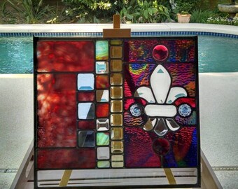 Fleur de lis Crest - stained glass window panel geometric medieval red