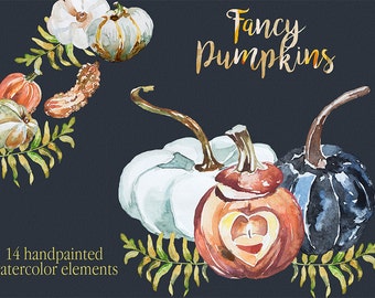 Sale!Watercolor Fancy Pumpkins Clipart,Handpainted clipart,Wedding DIY,Season Clip Art,Pumpkins,Thanksgiving,Leaves,Halloween Printable
