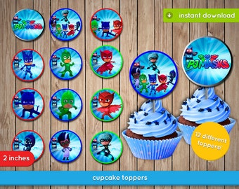 Pj Masks Cupcake Toppers - Printable 2 inches toppers, decoration, favors - JPG INSTANT DOWNLOAD