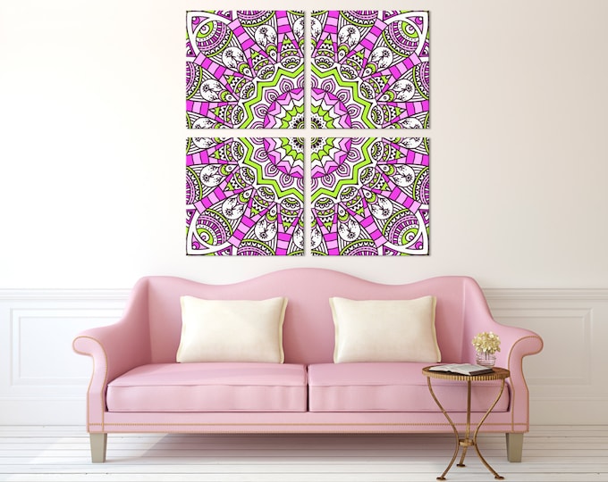 Pink mandala wall art canvas set 4 panels/ Mandala print Wall Art Decal / Yoga art print canvas/ Yoga wall decal art / Color mandala