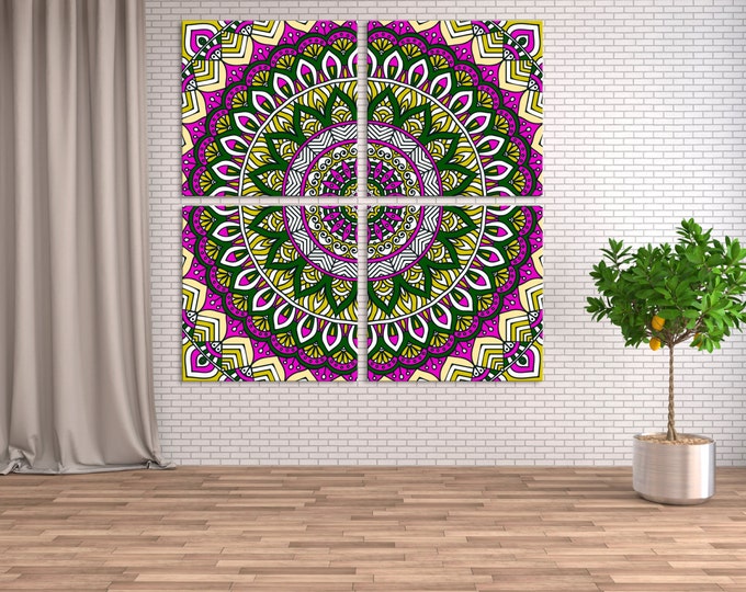 Pink mandala flower wall art canvas set 4 panels/ Mandala print Wall Art / Yoga art print canvas/ Yoga wall decal art / Color mandala