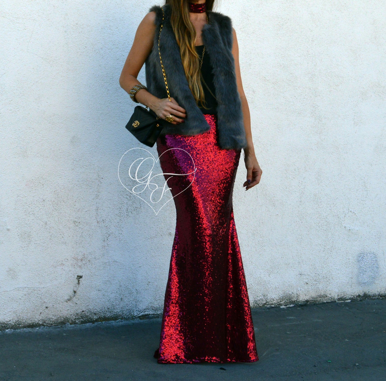 Burgundy Sequin Maxi Skirt High Waist TrumpetMermaid