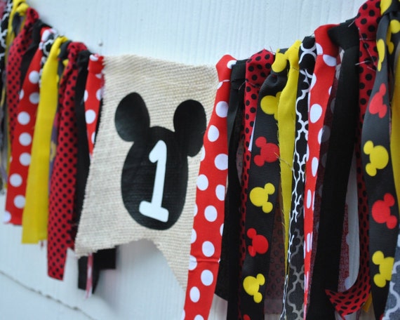 MICKEY MOUSE HIGHCHAIR Banner, birthday garland, photo prop, cake smash banner, red black yellow burlap fabric garland, first birthday