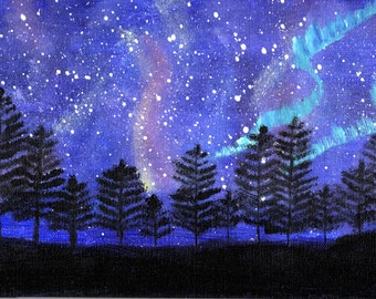 Original Acrylic Art "Northern Lights" 2016 cotton canvas 12x8 inch