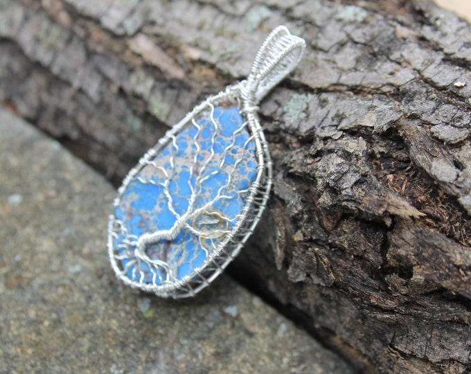 Blue Aqua Terra Sea Jasper Tree of Life Wire Wrap w/ Citrine Gemstone Sun; Boho Fashion Earthy Hippie Nature Jewelry for Men or Ladies