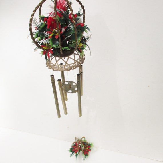 Vintage Christmas Wind Chime Bird Cage Chimes Red Flocked Vintage Christmas Wind Chime Bird Cage Chimes Red Flocked Rhinestone Eyes Holiday Decoration 70s