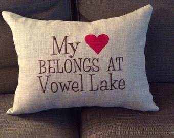 Custom embroidered pillow cover. Custom wording on a linen pillow cover