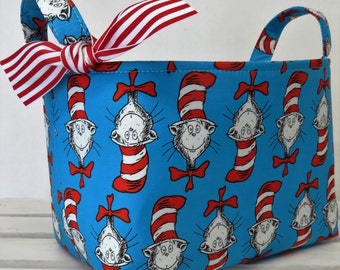 Storage and Organization - Fabric Organizer Container Bin Basket Bag - Made with Licensed Dr. Seuss Cat in the Hat Heads Fabric