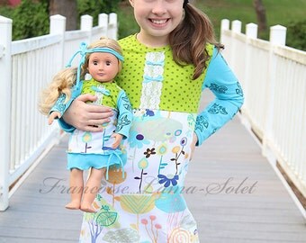 Fall winter long sleeve jersey dress, green aqua polka dot fox dress, aline cotton jersey dress, back to school dress
