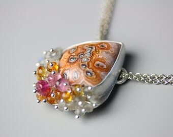 Crazy Lace Agate Necklace with Pink Tourmaline and Labradorite Fringe