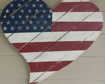 Distressed Patriotic Heart, Flag, Stars and Stripes, Red, White and Blue - Handpainted Wood Sign