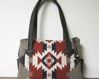 Handbag Purse Shoulder Bag Brown Leather Mountain Majesty Blanket Wool