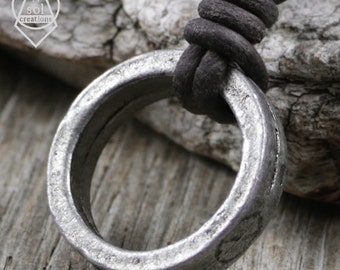Mens Leather Necklace, Mens Ring Necklace, Surfer Necklace, Brown Leather Cord, Pewter Screw Ring Pendant, Metal, Surf, Masculine