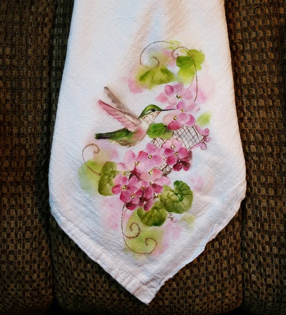 Hand Painted Flour Sack Towel Hummingbird Pink Hydrangeas