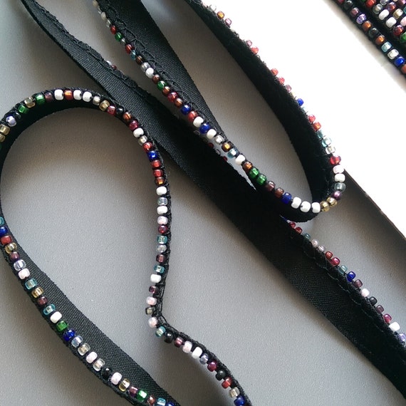Black Beaded Trim by the 1/2 yard Piping of Multi Colored