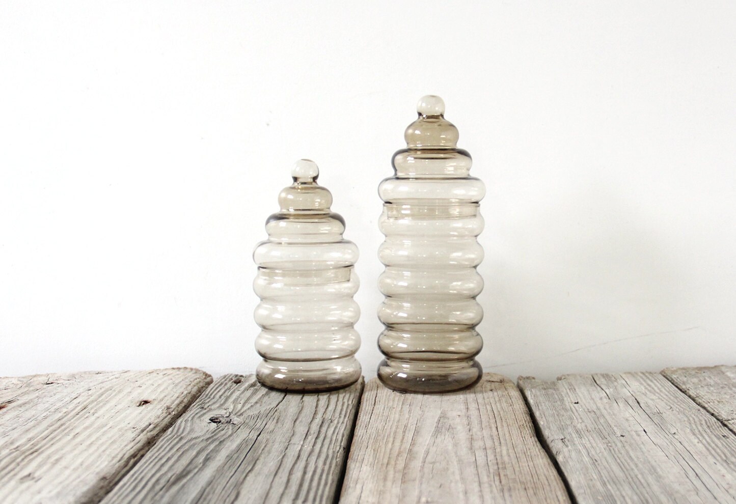 Pair of Danish Modern Holmegaard Primula Ribbed Glass Jars by