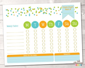 Boys Printable Chore Chart Weeky To Do List for Kids with Blue Orange Green Polka Dot Confetti Instant Download