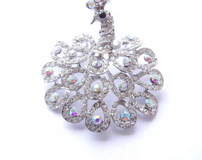 Large Round Peacock Pendant with Clear and Aurora Borealis Rhinestones Dimensional