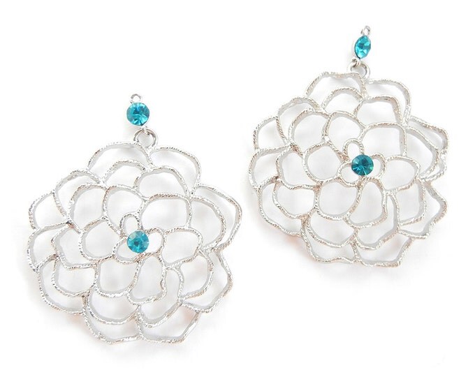 Pair of Large Outline Silver-tone Flower Charms Turquoise Rhinestone Accent