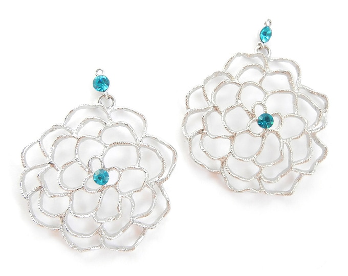 Pair of Large Outline Silver-tone Flower Charms Turquoise Rhinestone Accent