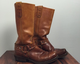 Vintage HARNESS Boots • 1970s Shoes • Rustic Distressed Brown Leather Tan Western 1960s Size 10 D Men Fits 11 12 Women Cowboy Cowgirl Biker