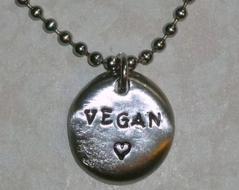 Vegan Love Hand Stamped Pewter Pebble Necklace - Hand Stamped Vegan Pewter Coin Necklace