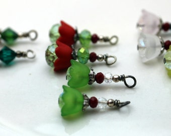5 Pair of Baby Bell Lucite Flower Bead Dangle Charm Drop Sets In Red Green and White