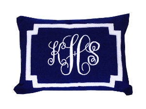 blue monogram decorative pillow