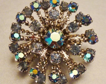 BRIDAL Stunning STARBURST BROOCH Aurora Borealis blue rhinestones app 1 1/2 in diam