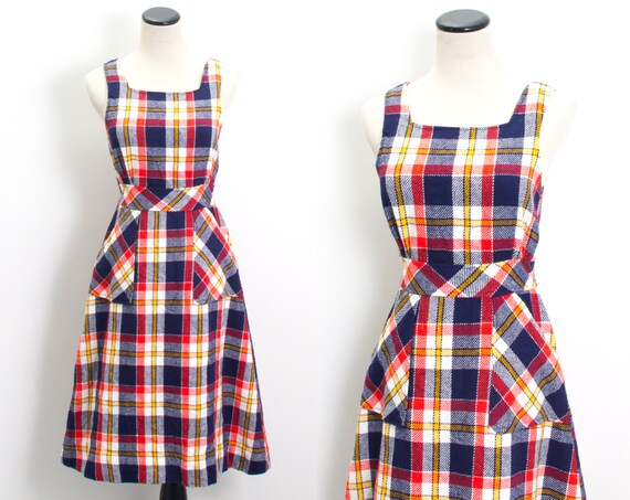 VTG 70's Bold Plaid Apron Dress Small / Medium Blue Red