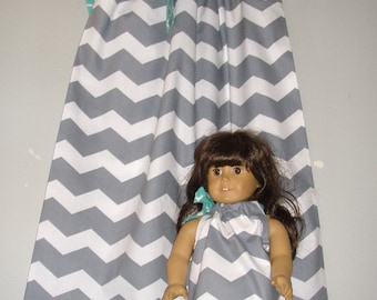 doll and me SALE 10% off code is tiljan dress Gray chevron pillowcase dress America Girl Doll 9 12, 18 month 2t,3t,4t,5t,6,7,8,10,12