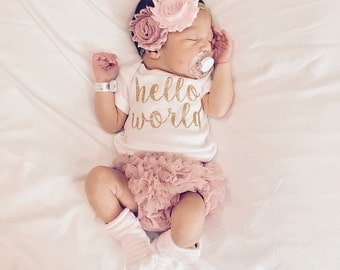 Baby Girl Take Home Outfit Newborn Hello World Bodysuit Bloomers Headband Set Dusty Rose Pink