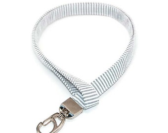 Seersucker Fabric Lanyard in Grey & White - Preppy ID Badge Holder Name Tag Keys
