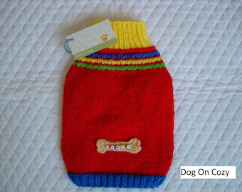 Appliqued Dog Sweater, Hand Knit Pet Sweater, XSMALL, My Bone, Personalized with Dogs Name