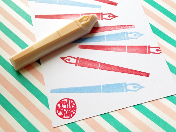 pen hand carved rubber stamp. calligraphy dip pen stamp.
