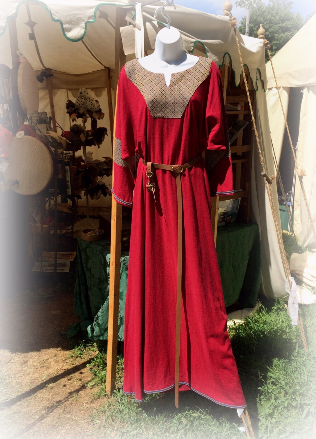 Medieval Dress Tunic in red linen blue trim. 3/4 sleeves SCA