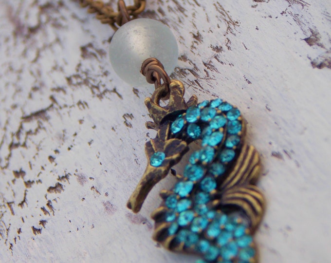 Seahorse Necklace Recycled Seaglass Turquoise Seahorse Rhinestone Seahorse Beach Jewelry Boho Necklace Nautical Jewelry