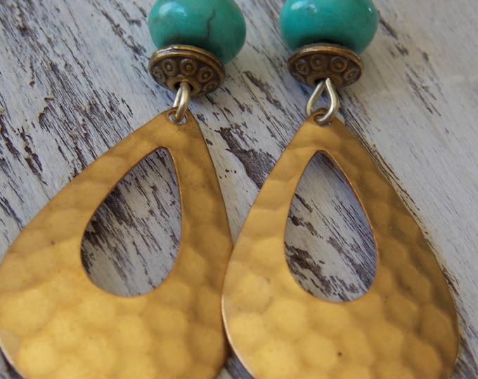 Brass Earrings Textured Hammered Earring Turquoise Earrings Boho Earrings Dangle Oval Drop Earrings Jewelry Rustic Woodland Earrings