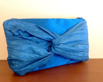 Bridesmaids clutch Bag with bow in teal blue satin with taffeta bow Gift for Bridesmaids- READY TO SHIP