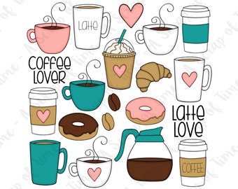 Coffee Lover Hand Drawn Digital Clipart - Set of 20 - Coffee, Latte, Donuts, Coffee Beans - Instant Download - Item #9160