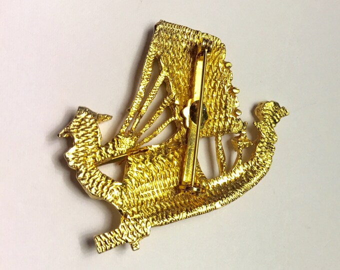 Chinese Junk Boat Brooch Dragon Figural Gold Tone Vintage