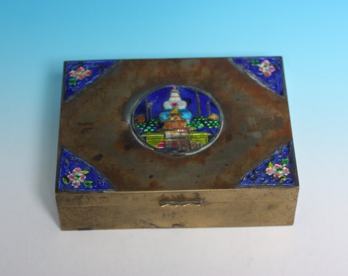 Chinese Cloisonne Enameled Brass Box Temple Cedar Wood Lining Humidor Vintage