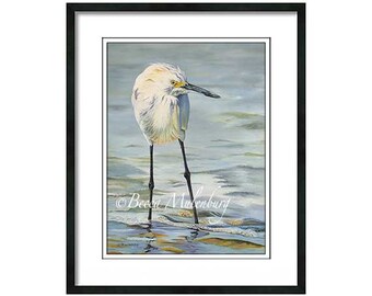 snowy egret PRINT art painting ocean water beach bird Sanibel Island