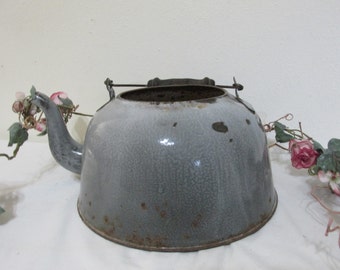Enamel Teapot Shabby Planter Teakettle Chippy Gray Granite Farmhouse Decor (read details)