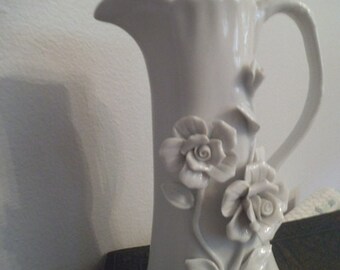 Vintage Porcelain White on White Porcelain Pitcher vase with Dimensional Roses ~ Shabby Chic Cottage