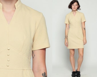 60s Mini Dress Babydoll Vintage 1960s MOD Cream Boho 70s Lolita Short Sleeve Empire Waist Button Up Mandarin Collar Plain Large