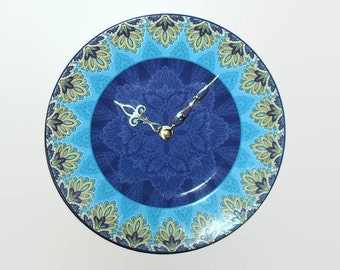 Gold Turquoise Blue Wall Clock, 9 Inch SILENT Porcelain Plate Clock, Kitchen Clock, Unique Wall Clock, Wall Decor, Housewarming Gift - 2197