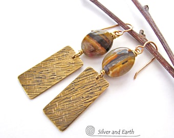 Brass Earrings, Tiger Iron Earrings, Natural Stone Earrings, Earthy Earrings, Handmade Jewelry, Brown Stone Earrings, Gold Dangle Earrings